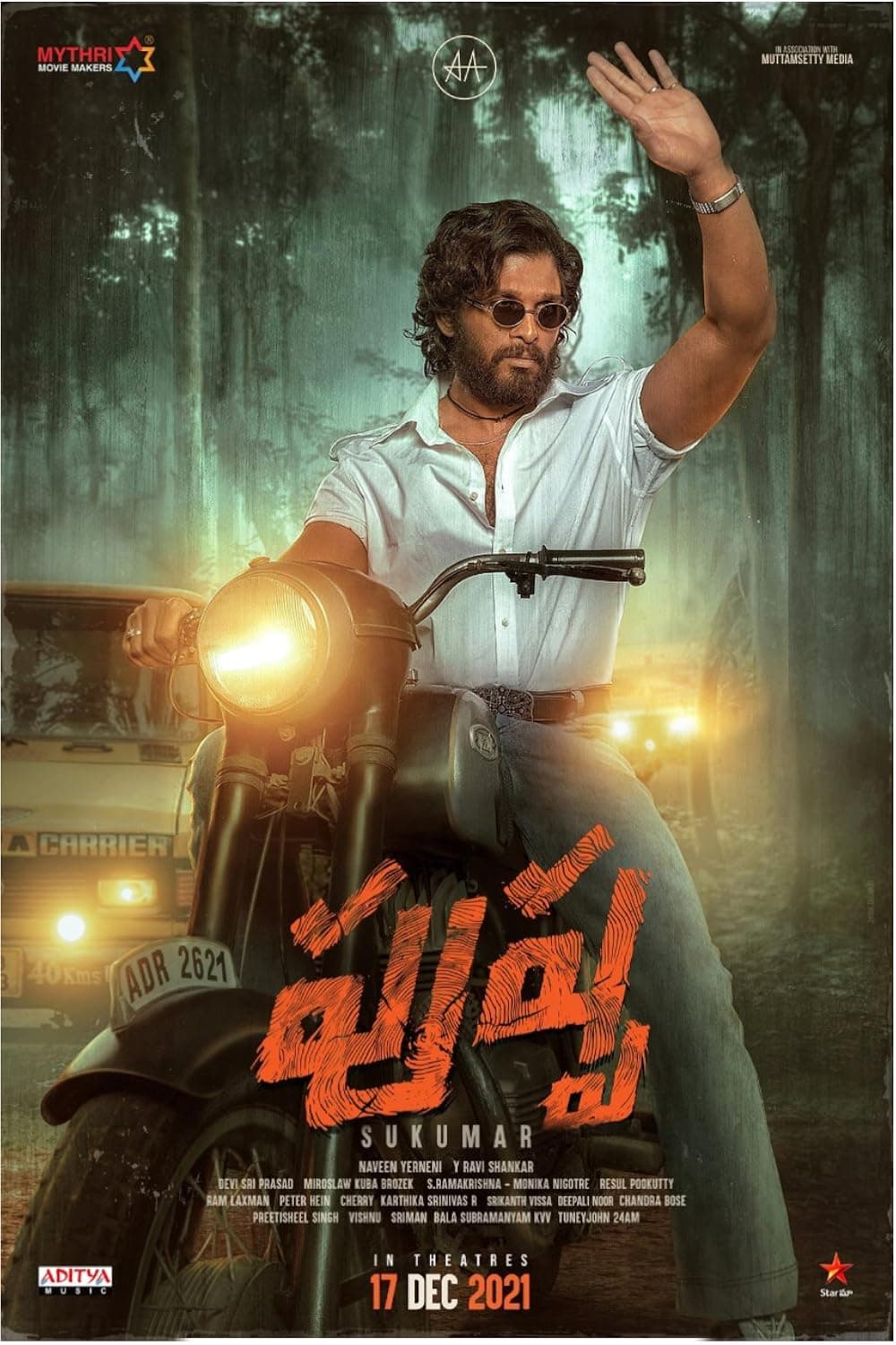 Official Pushpa: The Rise theatrical poster featuring Allu Arjun
